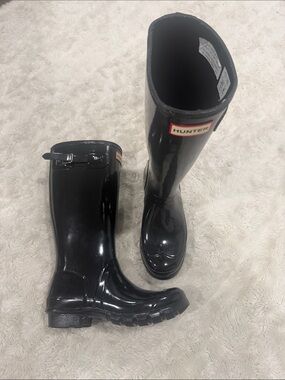 Hunter Black Gloss Tall Kids Rain Boots Girls Size‎ 4 B